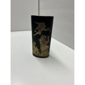 Vintage KE Greek Ceramic 24k Gold Decorated Black Vase 6”